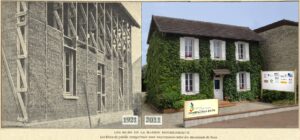 View of the straw bale house in construction in 1921 with exposed beams and bales, and in 2011, with white shutters at the windows, entirely covered in green foliage. 