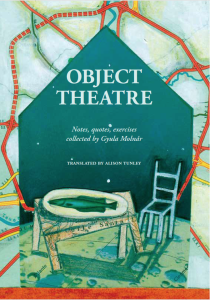 Book cover for Object Theatre with illustration of table with a fish on a dish and chair alongside.